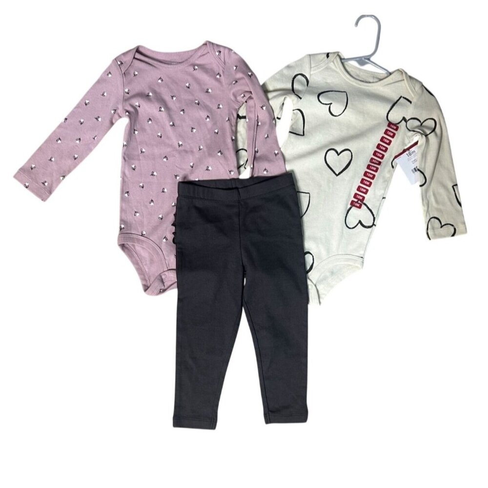 NWT Baby Girls 3-Piece Outfit Set 18M - 2 Long Sleeve Bodysuits & Black Leggings